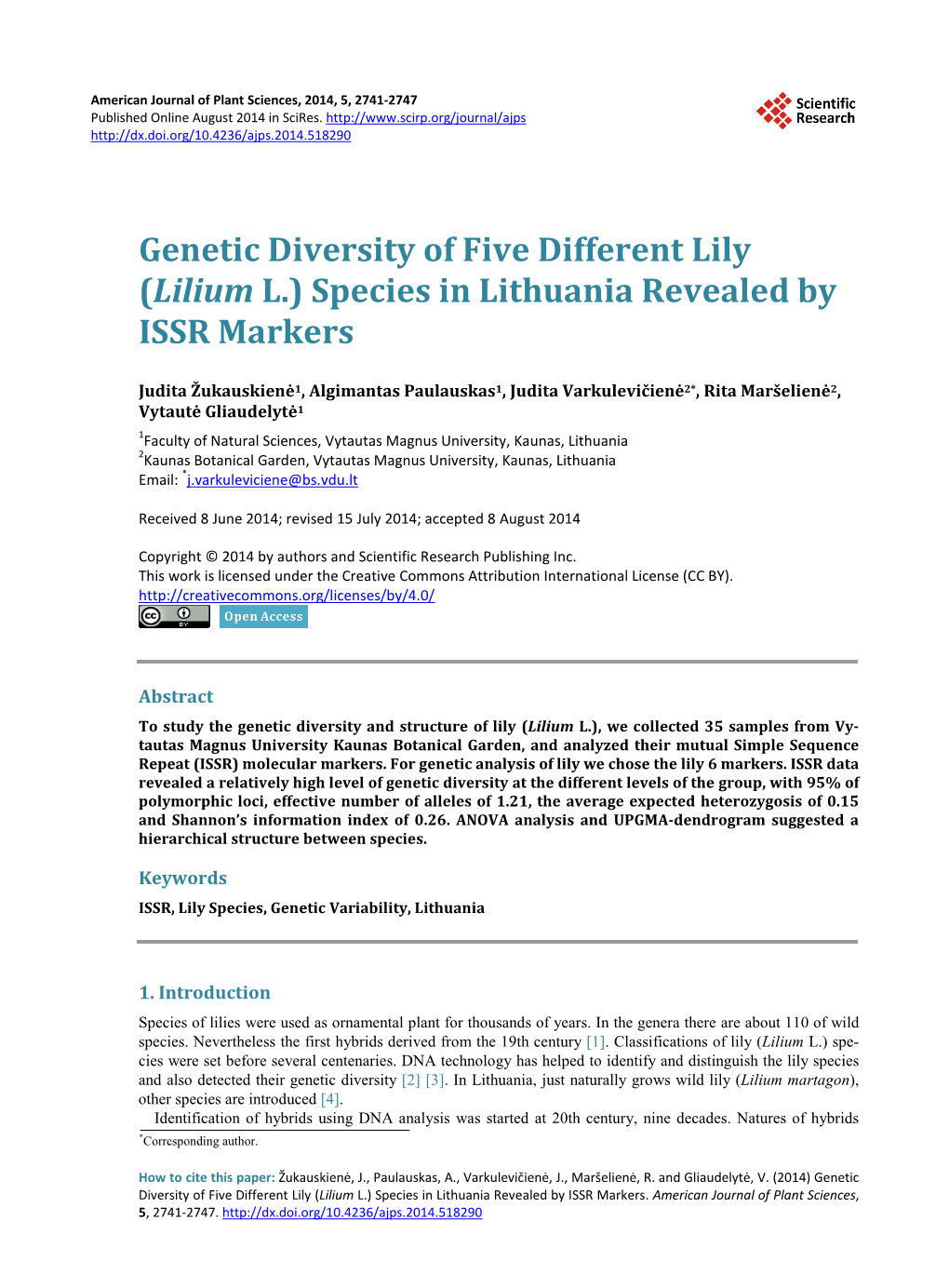 Genetic Diversity of Five Different Lily (Lilium L.) Species in Lithuania Revealed by ISSR Markers