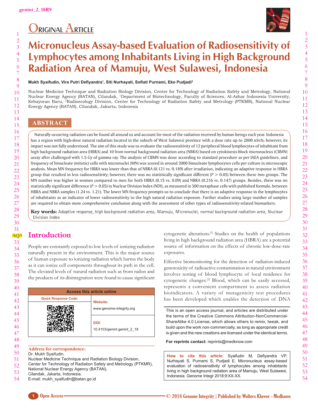 Micronucleus Assay‑Based Evaluation of Radiosensitivity of Lymphocytes