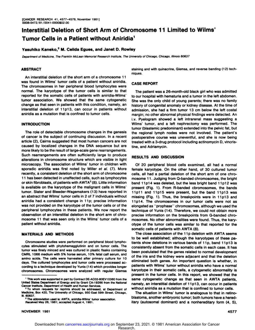 Interstitial Deletion of Short Arm of Chromosome 11 Limited to Wilms' Tumor Cells in a Patient Without Aniridia1