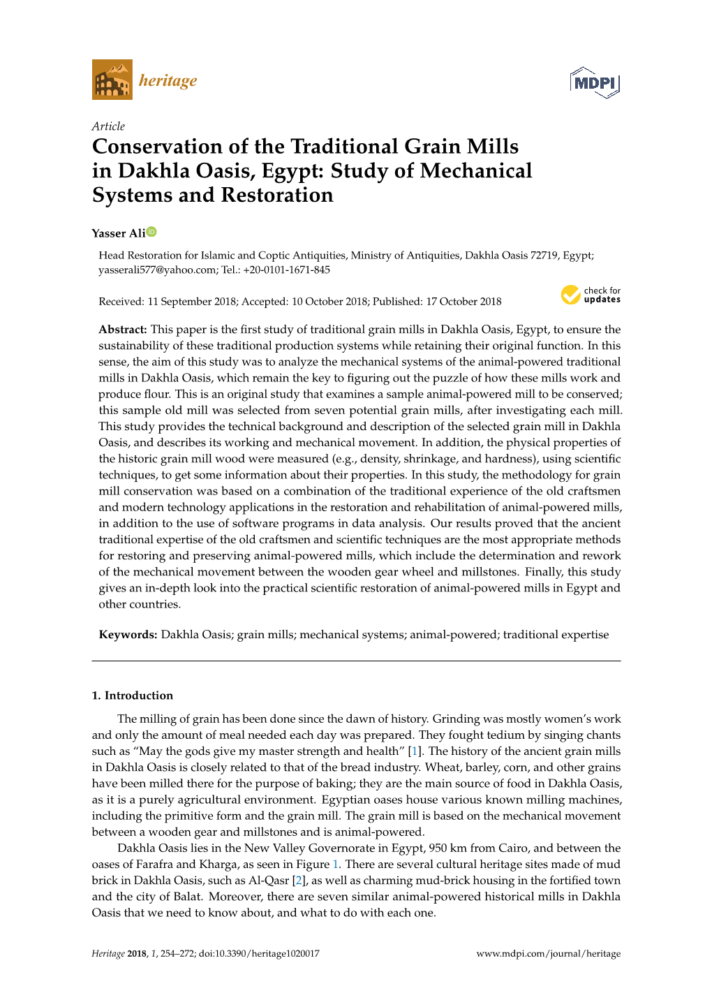 Conservation of the Traditional Grain Mills in Dakhla Oasis, Egypt: Study of Mechanical Systems and Restoration