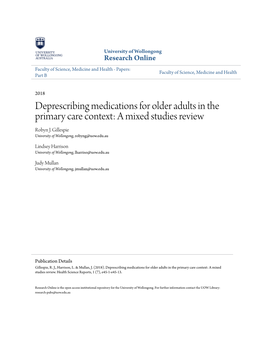 Deprescribing Medications for Older Adults in the Primary Care Context: a Mixed Studies Review Robyn J
