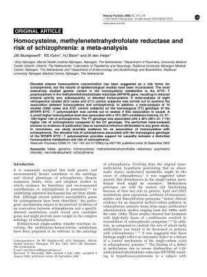 Homocysteine, Methylenetetrahydrofolate Reductase and Risk of Schizophrenia