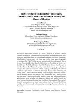 BEING CHINESE CHRISTIAN in the TOTOK CHINESE CHURCHES in SURABAYA: Continuity and Change of Identities