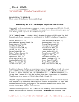 Announcing the 2020 Lotte Lenya Competition Semi-Finalists