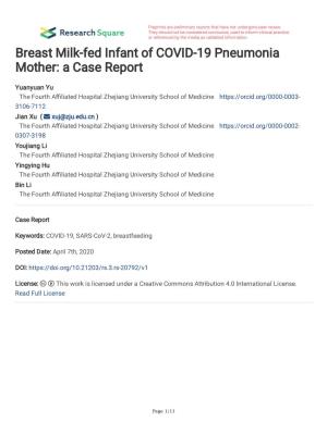 Breast Milk-Fed Infant of COVID-19 Pneumonia Mother: a Case Report
