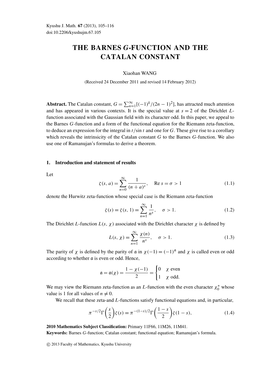 The Barnes G-Function and the Catalan Constant