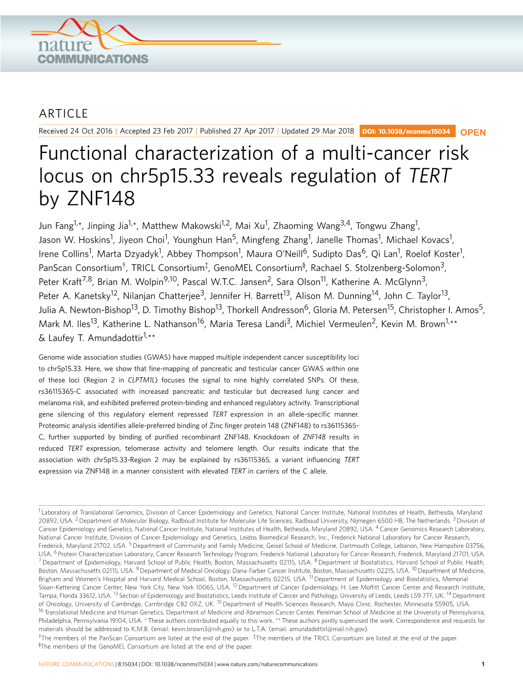 Functional Characterization of a Multi-Cancer Risk Locus on Chr5p15.33 Reveals Regulation of TERT by ZNF148