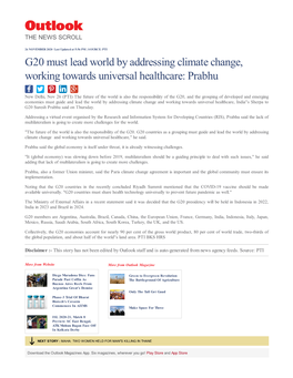 G20 Must Lead World by Addressing Climate Change, Working Towards Universal Healthcare: Prabhu