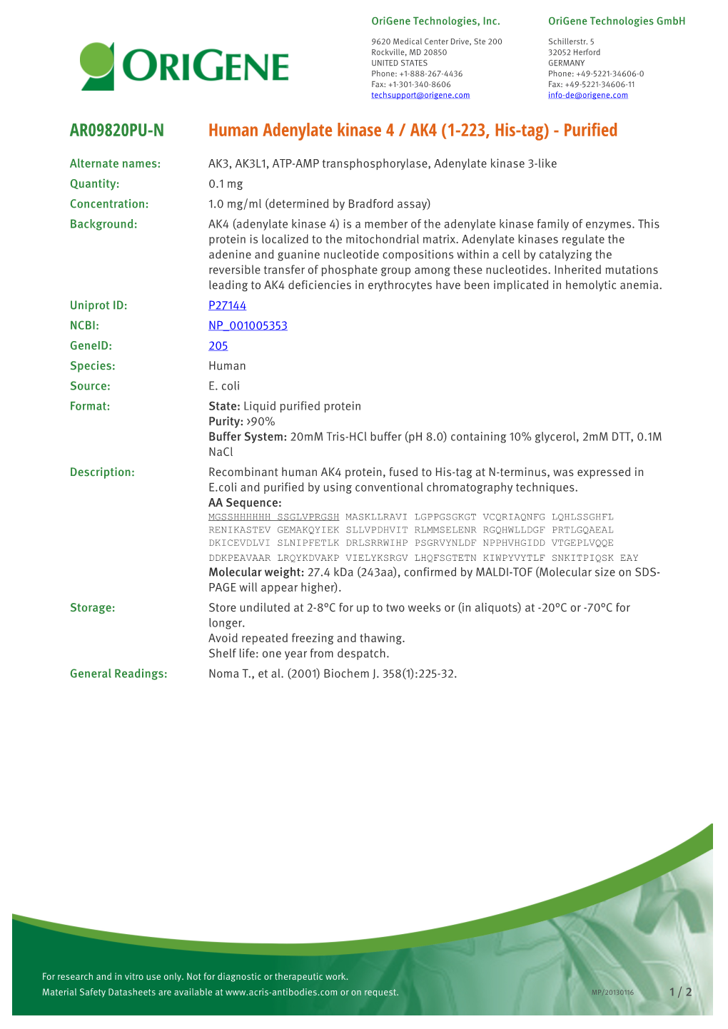 Human Adenylate Kinase 4 / AK4 (1-223, His-Tag) - Purified