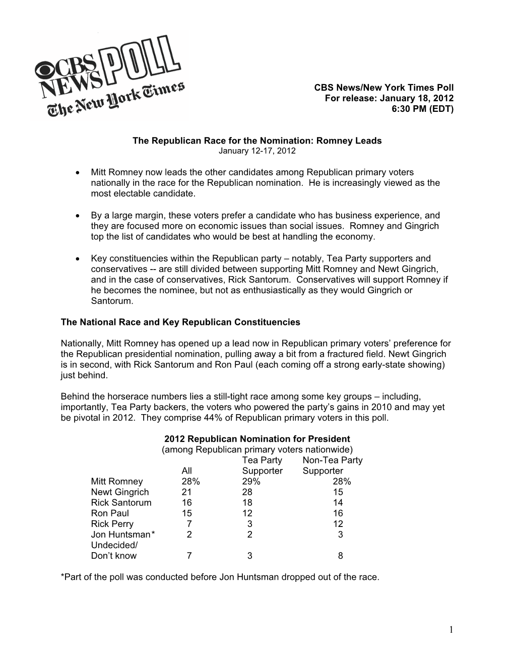 The Republican Race for the Nomination: Romney Leads January 12-17, 2012