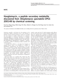 Hangtaimycin, a Peptide Secondary Metabolite Discovered from Streptomyces Spectabilis CPCC 200148 by Chemical Screening