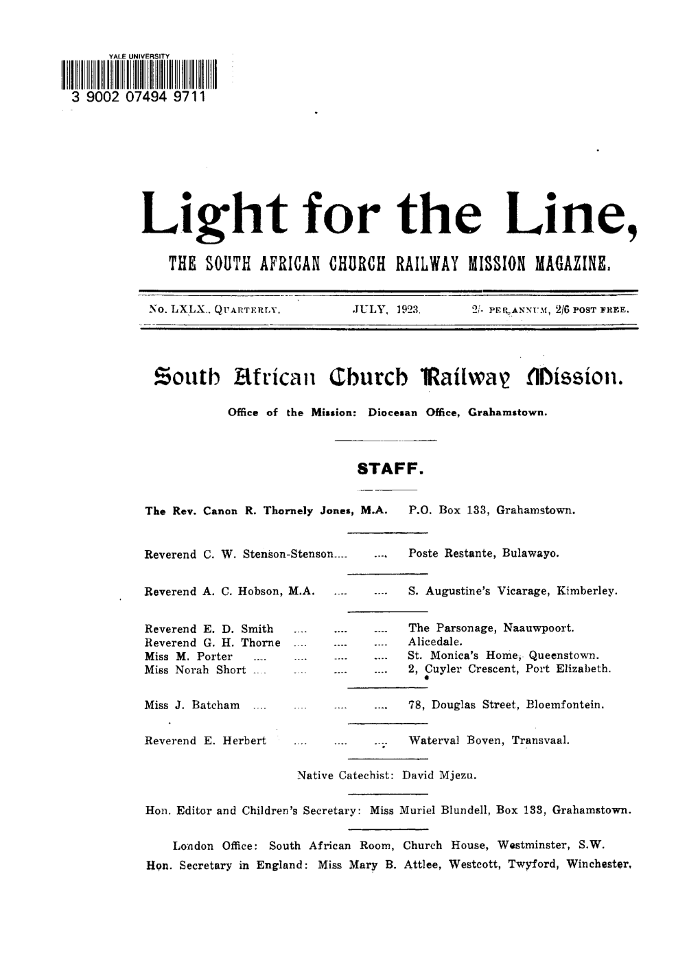 Light for the Line, the SOUTH AFRICAN CHURCH RAILWAY MISSION MAGAZINE