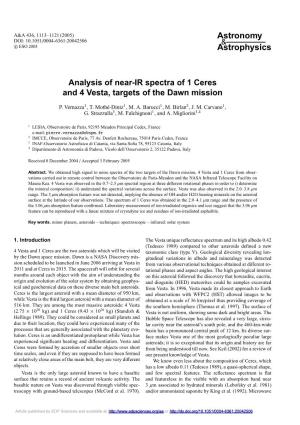 Analysis of Near-IR Spectra of 1 Ceres and 4 Vesta, Targets of the Dawn Mission