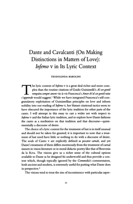Dante and Cavalcanti(On Making Distinctionsin Mattersof Love): Infernov in Its Lyriccontext