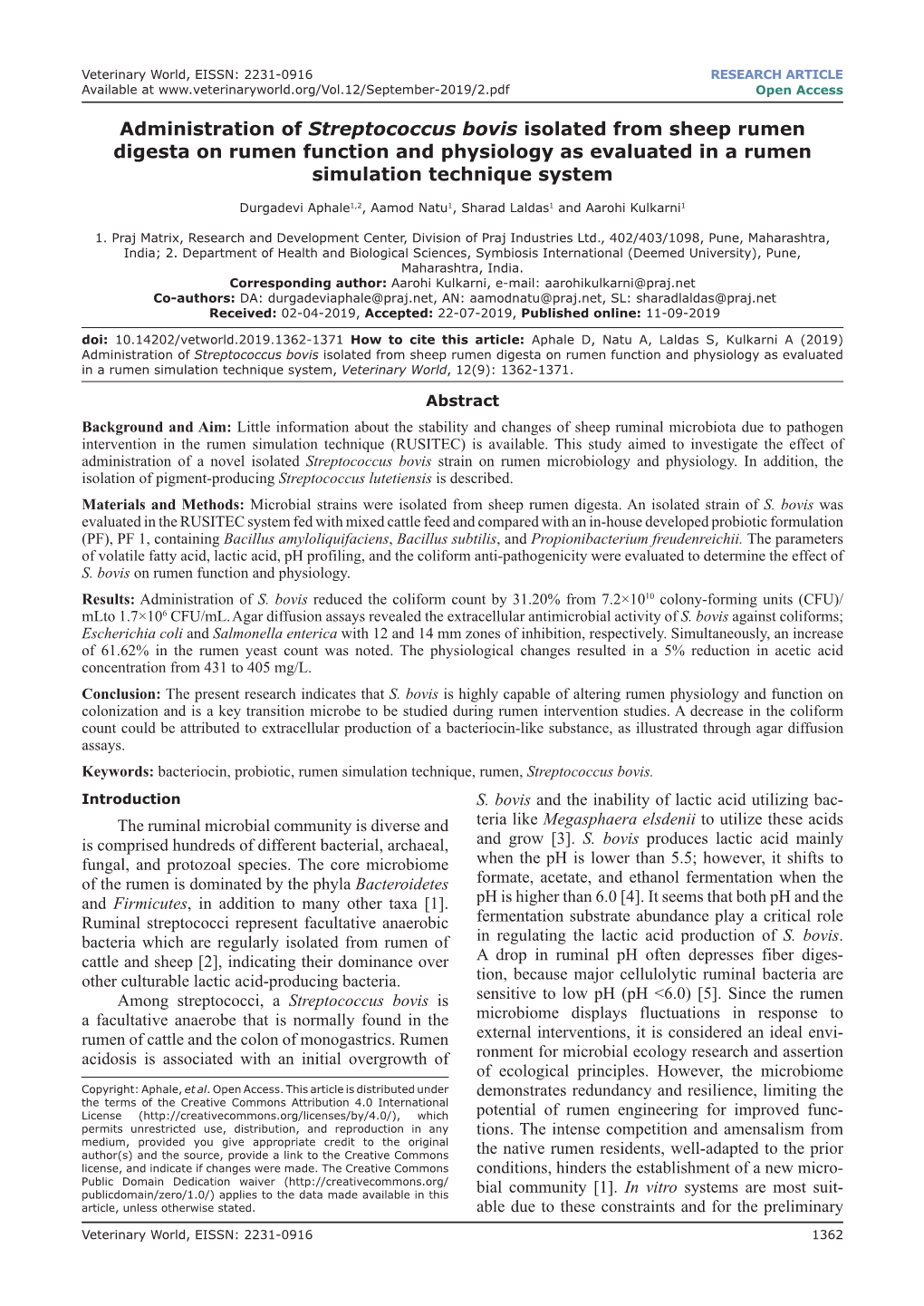 Administration of Streptococcus Bovis Isolated from Sheep Rumen Digesta on Rumen Function and Physiology As Evaluated in a Rumen Simulation Technique System