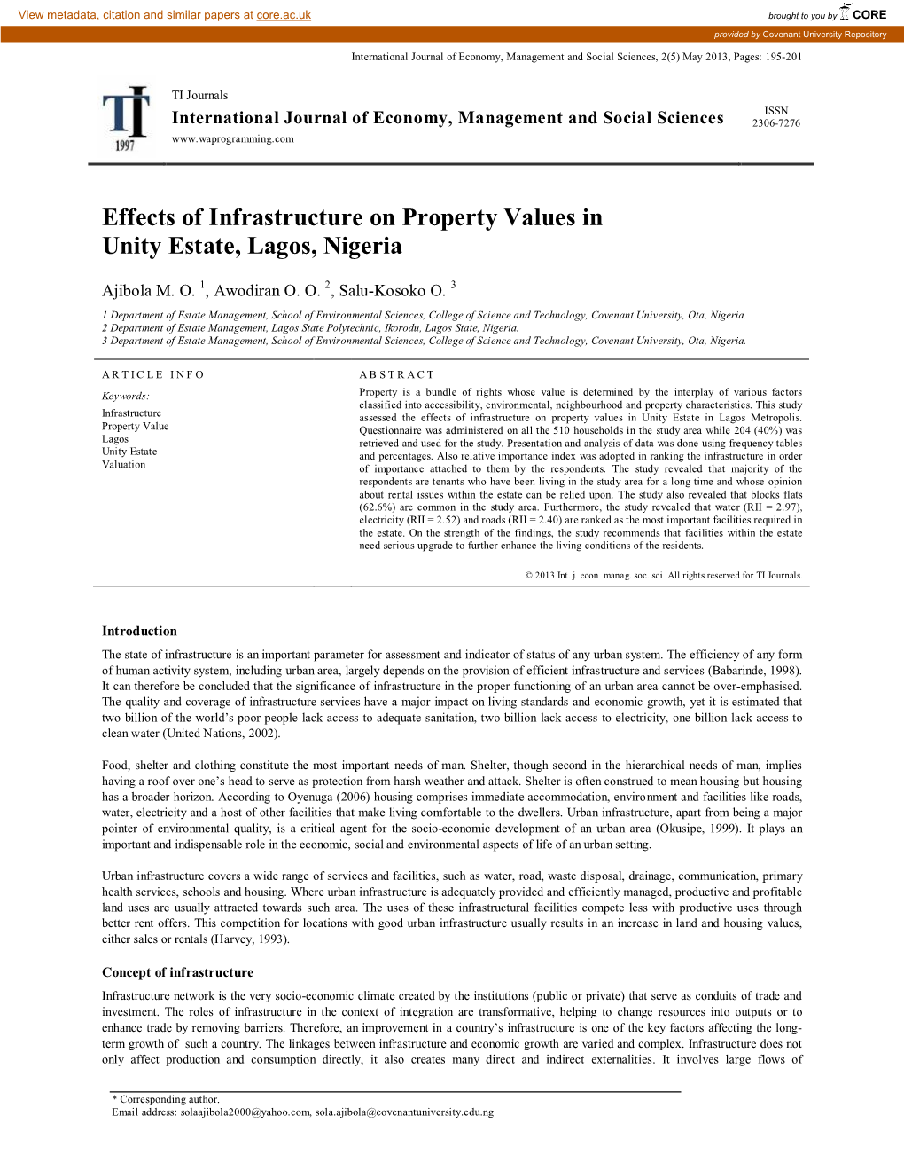 Effects of Infrastructure on Property Values in Unity Estate, Lagos, Nigeria