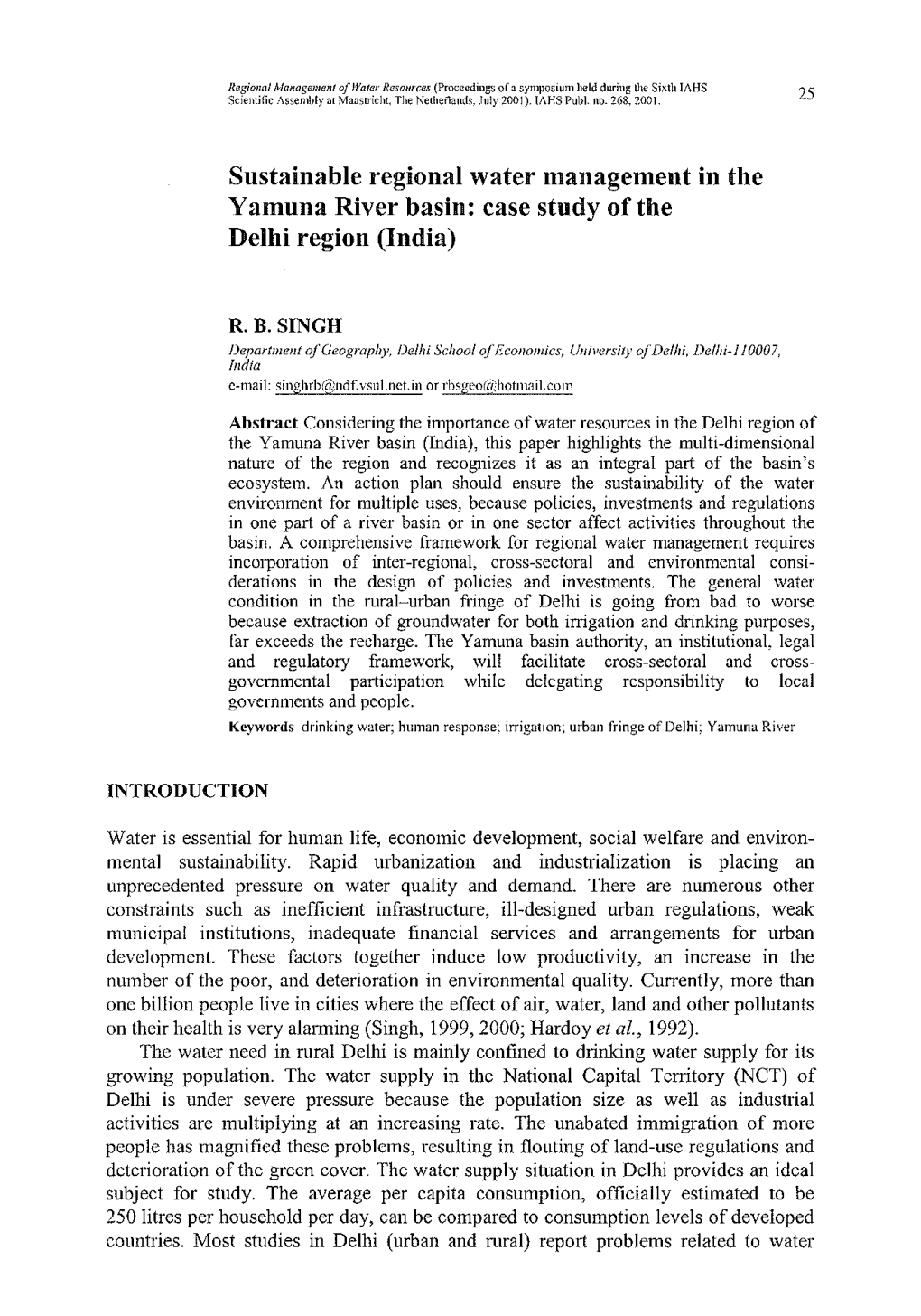 Sustainable Regional Water Management in the Yamuna River Basin: Case Study of the Delhi Region (India)