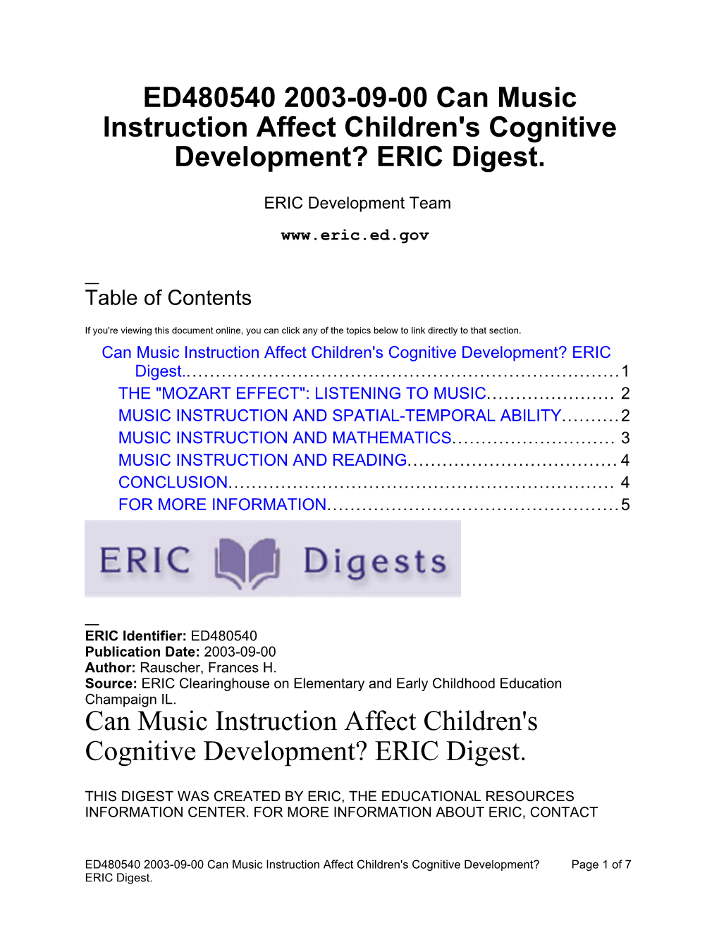 Can Music Instruction Affect Children's Cognitive Development? ERIC Digest