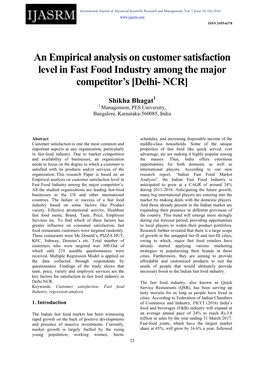 An Empirical Analysis on Customer Satisfaction Level in Fast Food Industry Among the Major Competitor’S [Delhi- NCR]