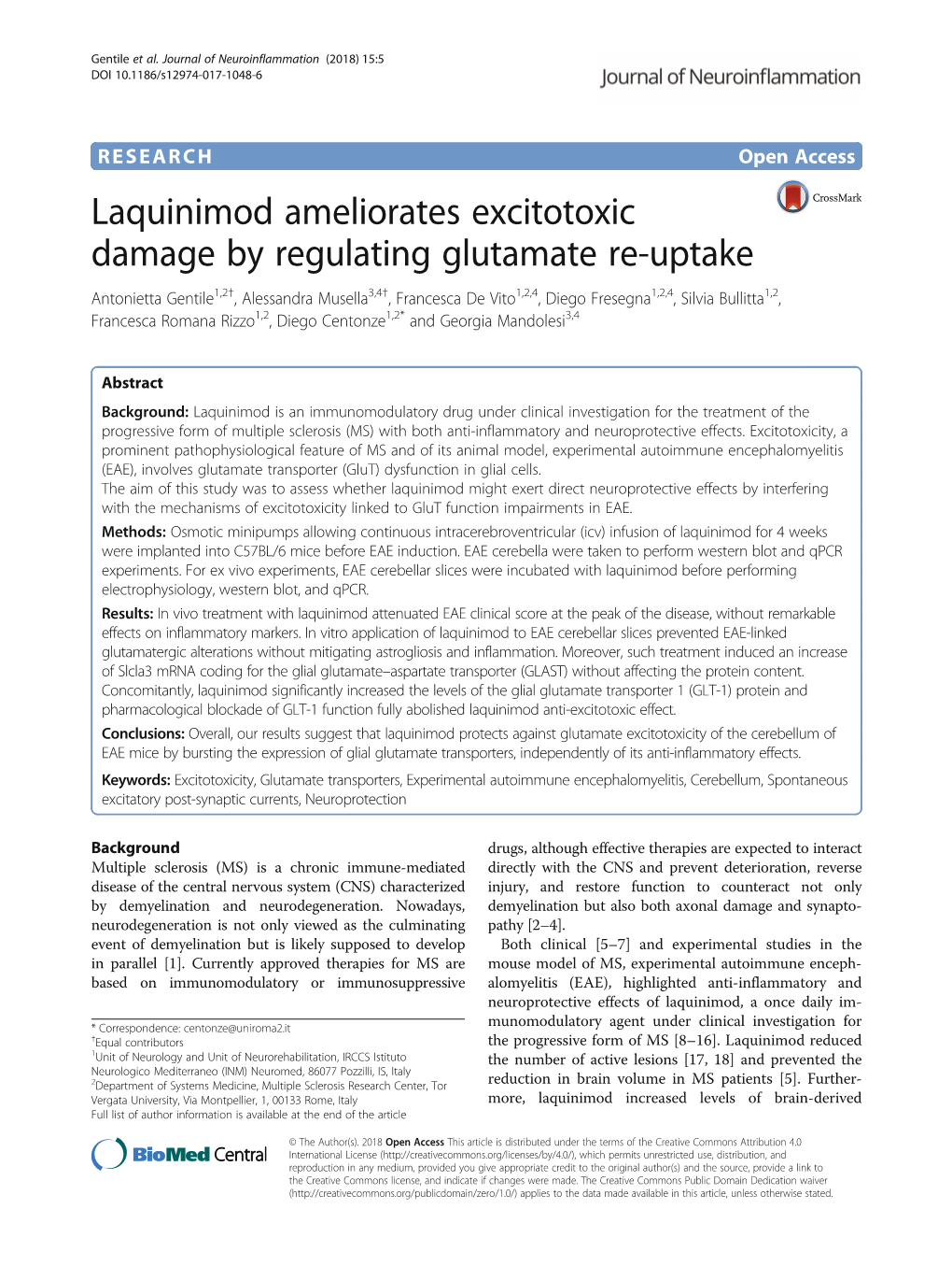 Laquinimod Ameliorates Excitotoxic Damage by Regulating Glutamate Re