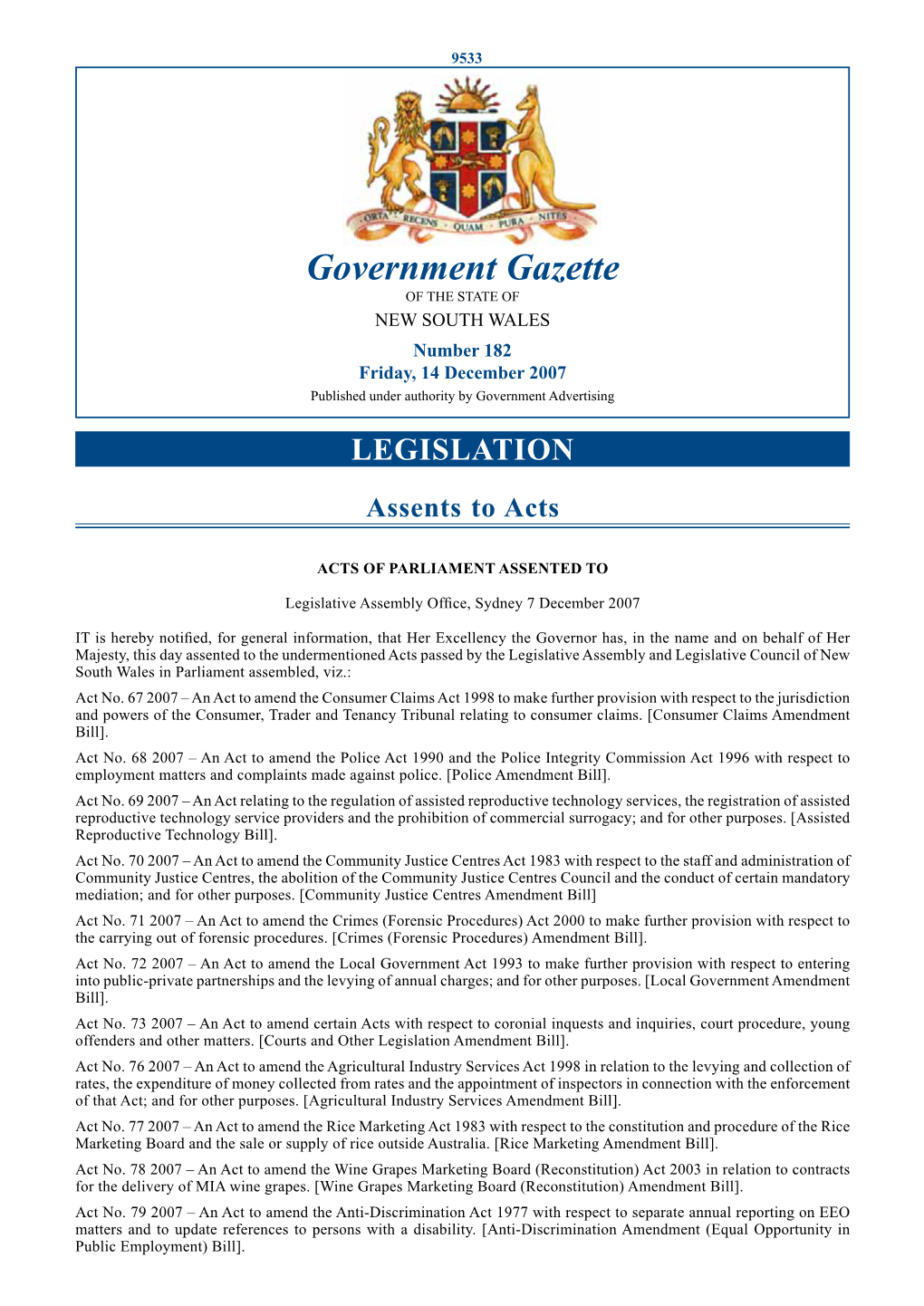 Government Gazette of the STATE of NEW SOUTH WALES Number 182 Friday, 14 December 2007 Published Under Authority by Government Advertising