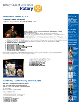 Rotary Tuesday, October 20, 2020 Zoom Meeting Login for Tuesday