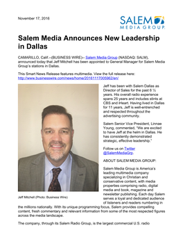 Salem Media Announces New Leadership in Dallas
