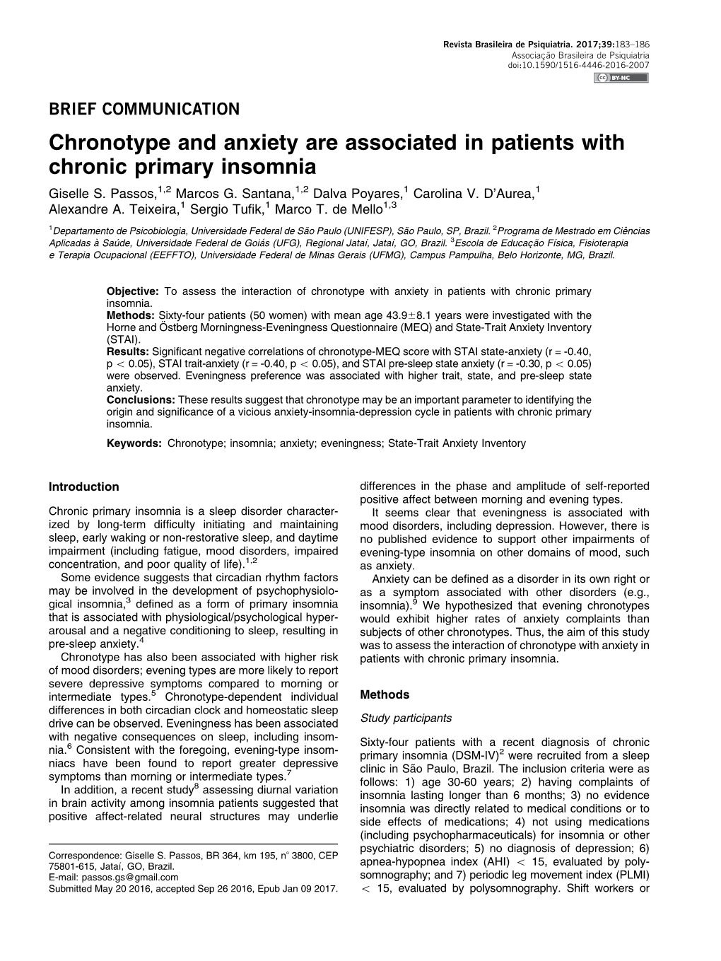 Chronotype and Anxiety Are Associated in Patients with Chronic Primary Insomnia Giselle S