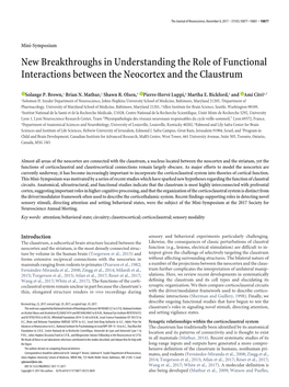 New Breakthroughs in Understanding the Role of Functional Interactions Between the Neocortex and the Claustrum