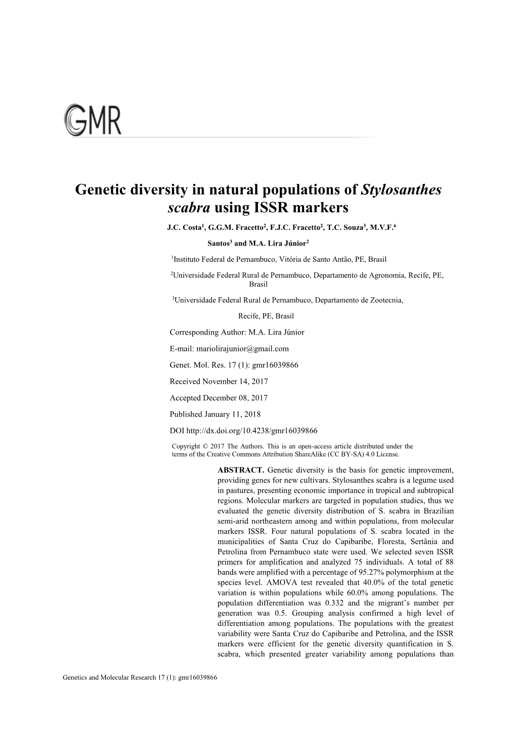 Genetic Diversity in Natural Populations of Stylosanthes Scabra Using ISSR Markers