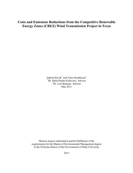 Costs and Emissions Reductions from the Competitive Renewable Energy Zones (CREZ) Wind Transmission Project in Texas