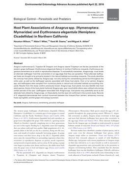 Host Plant Associations of Anagrus Spp. (Hymenoptera: Mymaridae) and Erythroneura Elegantula (Hemiptera: Cicadellidae) in Northern California