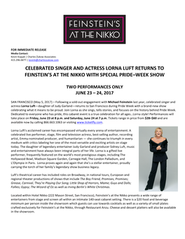 Celebrated Singer and Actress Lorna Luft Returns to Feinstein’S at the Nikko with Special Pride–Week Show