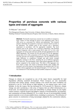 Properties of Pervious Concrete with Various Types and Sizes of Aggregate