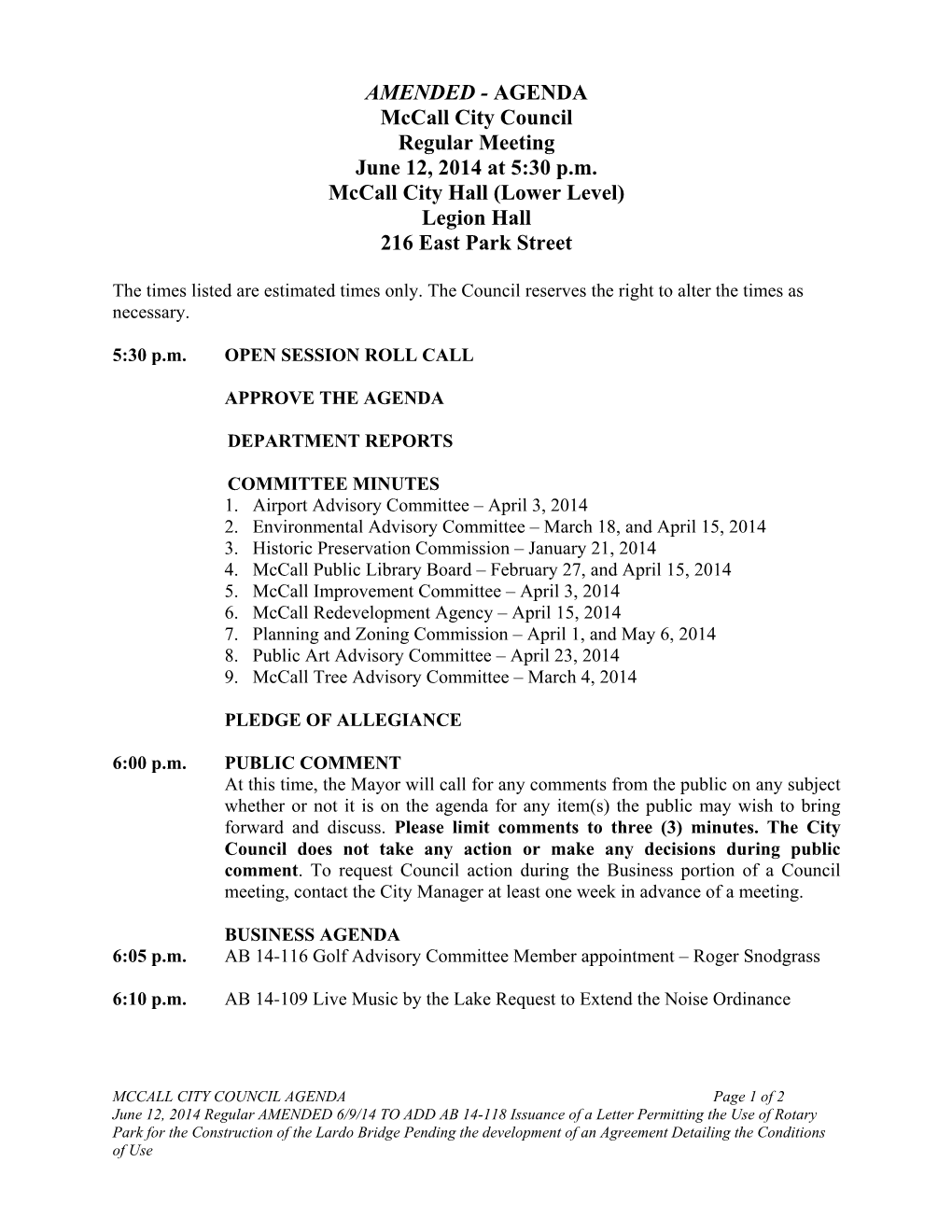 AMENDED - AGENDA Mccall City Council Regular Meeting June 12, 2014 at 5:30 P.M