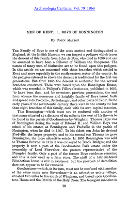 MEN of KENT. I. BOYS of BONNINGTON Now Occupied by Lord Fitz Waiter, Who Farms the Adjoining Estate