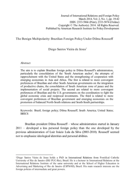 Brazilian Foreign Policy Under Dilma Rousseff Diego Santos Vieira De
