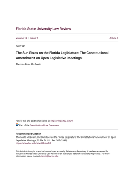 The Sun Rises on the Florida Legislature: the Constitutional Amendment on Open Legislative Meetings