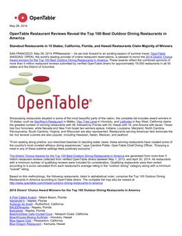 Opentable Restaurant Reviews Reveal the Top 100 Best Outdoor Dining Restaurants in America