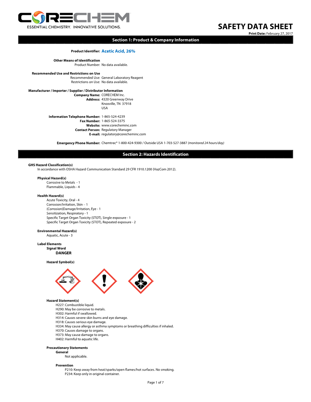 Acetic Acid, 26% Safety Data Sheet