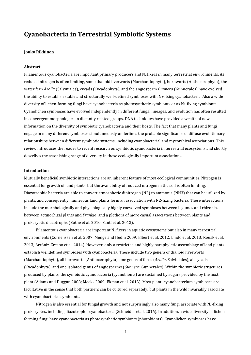 Cyanobacteria in Terrestrial Symbiotic Systems