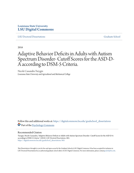 Adaptive Behavior Deficits in Adults with Autism Spectrum Disorder- Cutoff Cors Es for the ASD-D- a According to DSM-5 Criteria