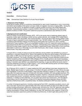 Standardized Case Definition for Acute Flaccid Myelitis I. Statement Of