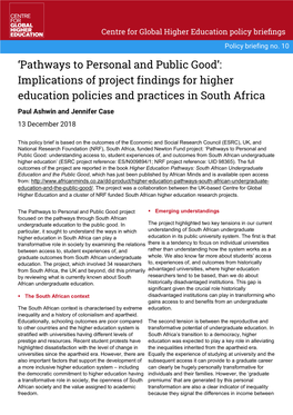 Pathways to Personal and Public Good’: Implications of Project Findings for Higher Education Policies and Practices in South Africa