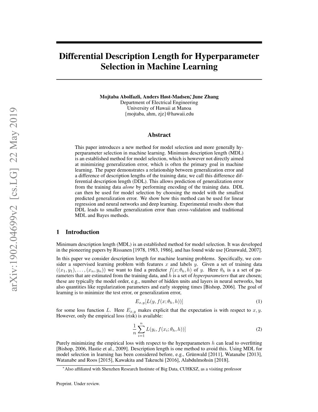 Arxiv:1902.04699V2 [Cs.LG] 22 May 2019 Learning Is to Minimize the Test Error, Or Generalization Error