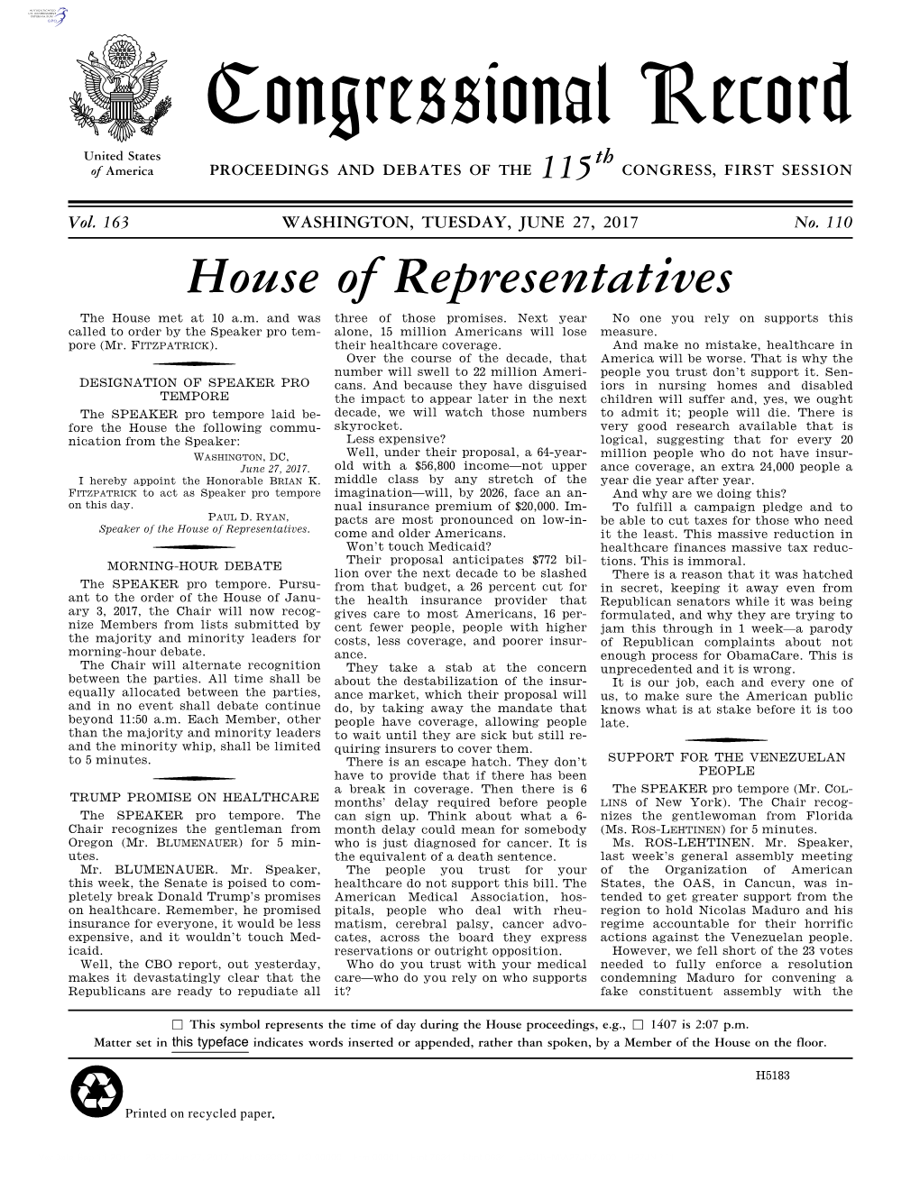 Congressional Record United States Th of America PROCEEDINGS and DEBATES of the 115 CONGRESS, FIRST SESSION