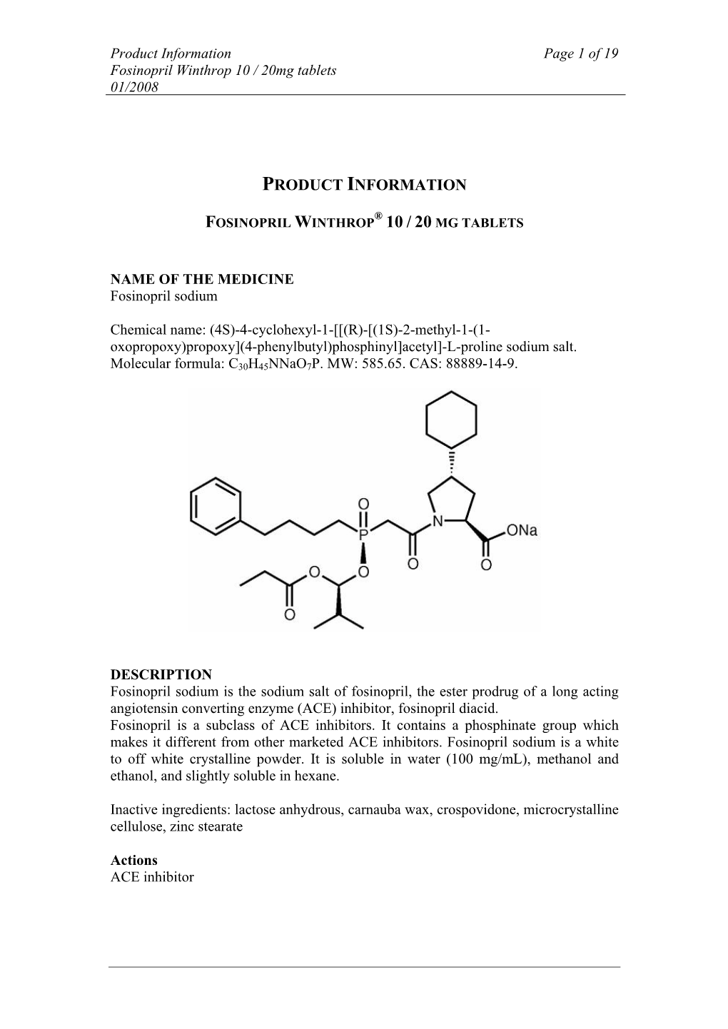 Fosinopril Winthrop 10 / 20Mg Tablets 01/2008