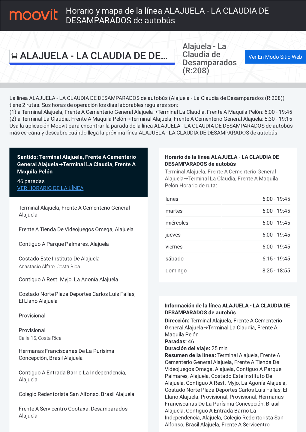 Horario Y Mapa De La Ruta ALAJUELA