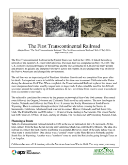 The First Transcontinental Railroad Adapted From: "The First Transcontinental Railroad." the First Transcontinental Railroad