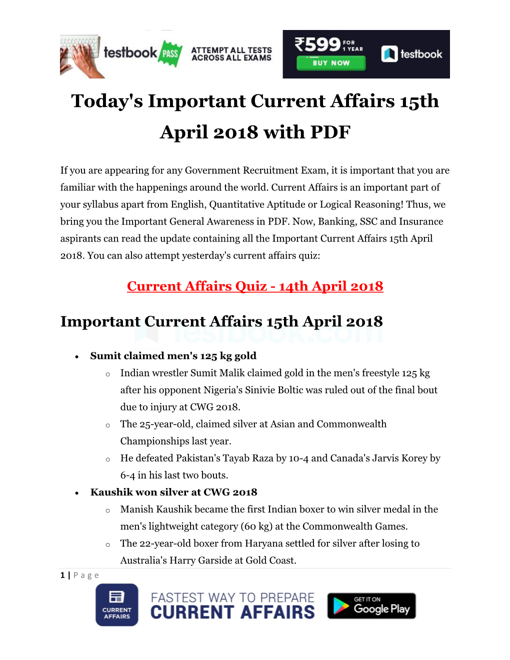 Today's Important Current Affairs 15Th April 2018 with PDF